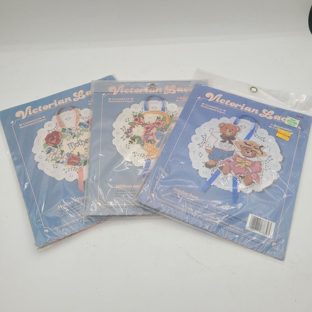 3 Vintage 1989 Victorian Lacecross stitch kits 5" Lace Doily‎ Made In USA